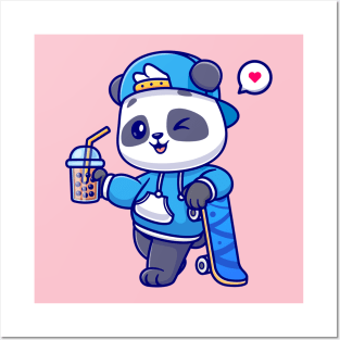 Cute Panda Drink Boba Milk Tea With Skateboard Cartoon Posters and Art